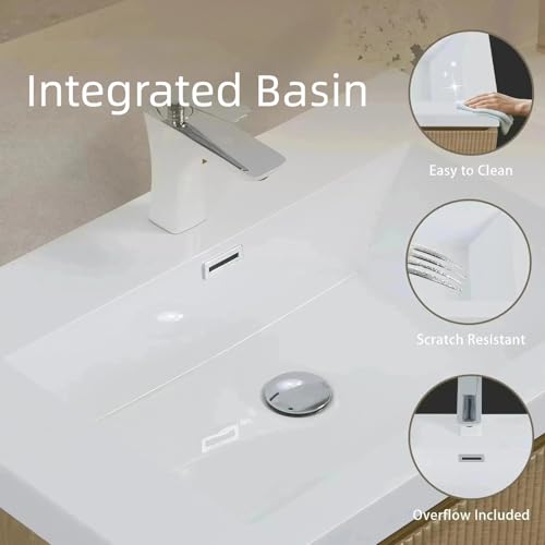 Image of 24'' Floating Bathroom Vanity with Sink, Wall-Mounted Bathroom Storage Cabinet with Soft-Close Striped Drawer & Solid Surface Basin, Modern Natural Oak Body with Internal Handle, Wood
