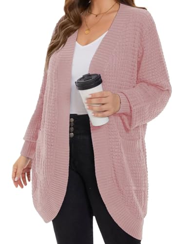 Image of MONNURO Womens Plus Size Open Front Cardigan Waffle Knit Long Sleeve Sweaters Tops Fall Coat Outerwear with Pockets
