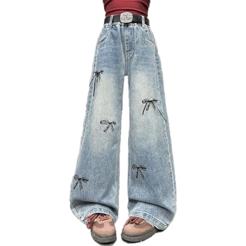 Baggy Jeans for Girls Ribbon Bows Wide Leg Pants Adjustable Waist Coquette Cute Jeans for Girls Kids High Waist Streetwear