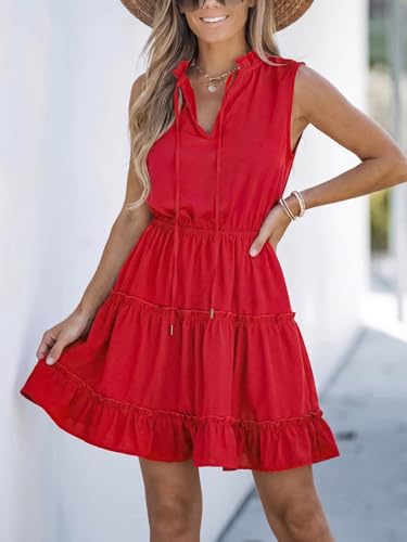 Image of CUPSHE Womens Summer Dresses Tie Neck Sleeveless Tiered Ruffle A-Line Tunic Mini Dress