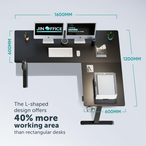 Image of JIN OFFICE Atlas L-Shaped Electric Height Adjustable Desk |Reversible Design L-Shape Adjustable Table | 3 Year Warranty,100 KG Wt. Cap, Memory Presets, Cup Holder|Home Office Sit Stand Desk Black