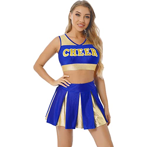 inhzoy Femme Costume Cheerleading High School Uniforme de Pom-Pom Girl Musical Déguisement Halloween Carnaval Crop Tank Top sans Manches Mini Jupe Courte de Danse S-XL Bleu Royal C L Cover