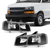 ADCARLIGHTS Headlights Compatible with Chevy Express 2003-2024 GMC Savana 1500 2500 3500 4500 Clear Lens Black Housing Clear Corner Headlamp Replacement