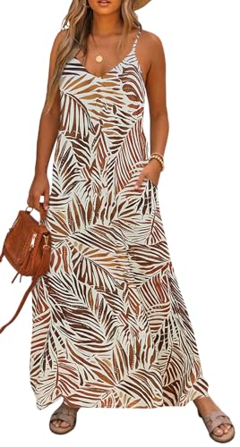 Image of Bluetime Women Summer Spaghetti Strap Maxi Dress V-Neck Sleeveless Flowy Boho Floral Beach Long Dress with Pockets