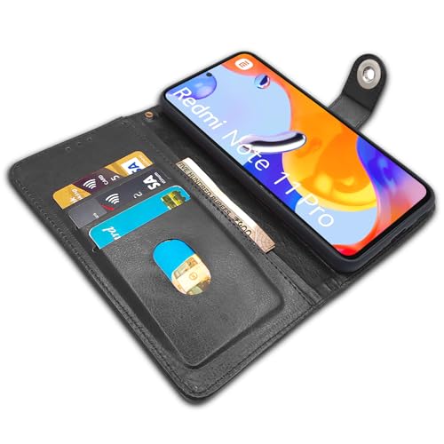 Image of Pikkme Redmi Note 11 Pro /Note 11 Pro Plus 5G Flip Cover Leather Finish | Inside TPU with Card Pockets | Wallet Stand and Shock Proof | Complete Protection Button Flip Case (Black)