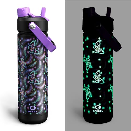 ENCOOL Insulated Water Bottle with Straw Stainless Steel Water Bottle Glow in the Dark Leak-Proof BPA-Free Keeps Cold for 24 Hours for Sports Travel School (26 oz Midnight Butterfly)