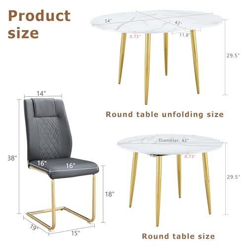 Image of Round Dining Table Set for 4, 42-54 inch Expandable Circle Dining Table Set with 4 Upholstered Chairs, Space-Saving Kitchen & Dining Room Table Set(1 White Table + 4 Gray Chairs)