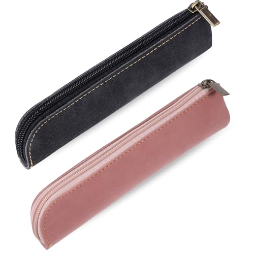 Leather Pencil Pouch 2 Pcs Slim Pencil Case Portable Small Pencil Pouch Soft Flat Pen Bags with Zipper Simple Makeup Bag Lipstick Case for Women Men Home Office Travel Outdoor (Black Pink)