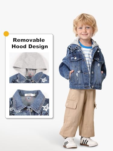 Image of Volunboy Toddler Hooded Denim Jackets Boys Spring Fall Ripped Jean Coat with Hood Long Sleeve Button Down Casual Outerwear