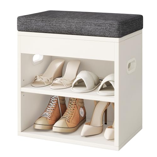 YMYNY Schuhbank mit Sitzfläche und Schublade, 2-Stufig Schuhschrank mit sitzbank, Schuhregal Klein mit Sitzbank, Holz Sitzbank mit Stauraum für Eingang, Flur, Schlafzimmer, Weiß, HSC002W