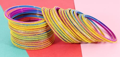 Image of NMII Glass Bangles For Women and Girls with Velvet and Golden Ballchain Linked | Plain Glass Bangles | Velvet Chudi Set | Bangles For Women | Stylish Glass Chudi Bangles- Set of 28