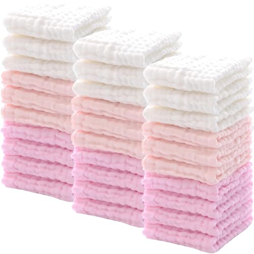 Image of Chumia 30 Pcs Baby Muslin Washcloths Muslin Burp Cloths Baby Towel Natural Cotton Burp Cloths Wipes Soft Newborn Face Towel Absorbent for Face Bath Shower, 12 x 12'' (Light Pink, White, Pink)