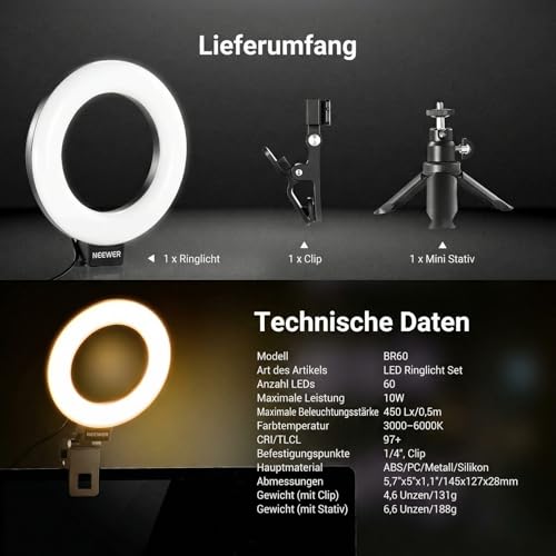 NEEWER BASICS 5' Ringlicht mit Klemme und Mini Stativ, 10W 3000k-6000K Dimmbares Ansteckleuchte für Laptop Computer Monitor Videokonferenzen Selfie, Vlog Makeup, Live Streaming, Videoaufnahmen, BR60