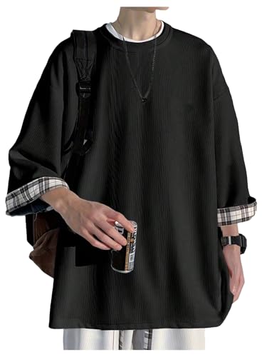 Image of OYOANGLE Men's Textured 3 /4 Sleeve Drop Shoulder T Shirt Loose Fit Plaid Cuff Tee Tops