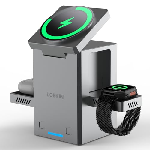 LOBKIN 3 in 1 Charging Station, Qi2 15W Foldable Intelligent Fast Wireless Charging Station,MagSafe Charger Stand for iPhone 16/15/14/13, Airpods, Apple Watch