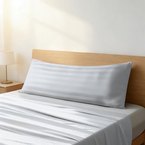 Image of 100% Egyptian Cotton Body Pillow Cover Long Pillow Case, 600 Thread Count Bed Pillow Protector with Zipper, Sateen Weave Cooling Full Body Pillowcase for Adults 20x54 Inches (1PC, Body, Striped Gray)