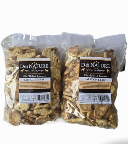 DEI NATURE Galletas para perros, salchichas y hierbas, 2 paquetes de 500 g, grado humano, superalimento, aperitivos para perros, premio para perros