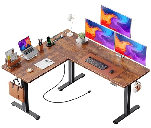 Huuger L Shaped Standing Desk with Power Outlets, 63 x 55 Inch Height Adjustable Computer Desk for Bedroom, Corner Stand up Desk for Home and Office, Work and Study, Rustic Brown