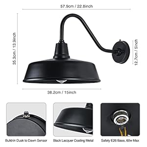Barn Lights Outdoor Gooseneck - 15" Black Dusk to Dawn Exterior Barn Lights for House, Farmhouse Wall Lighting Fixtures with Photocell for Porch Garage (15" Diameter, 1pc) Barn Lights Outdoor Gooseneck 15 Black Dusk to Dawn Exterior Barn Lights for House Farmhouse Wall Lighting Fixtures with Photocell for Porch Garage 15 Diameter 1pc
