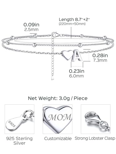 Image of ChicSilver Sterling Silver Anklets for Women Hypoallergenic Womens Ankle Bracelets for Women Layered Heart Anklet With Initials Womens Anklets Jewelry for Mom Wife