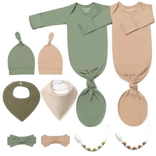 Image of 2PK Ultra Soft Knotted Newborn Sleep Gown for Baby Girls Boy- Coming Home Hospital Outfit with Hat, Bow, Clip & Drool Bib Set