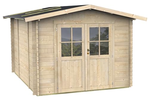 Alce - Caseta de Jardín Bh25 Opera 300x250 de Madera de Abeto Natural 25 mm con Puerta Doble con Ventana, Techo y Suelo machihembrado, viga de cimentación, Montaje fácil, certificación PEFC