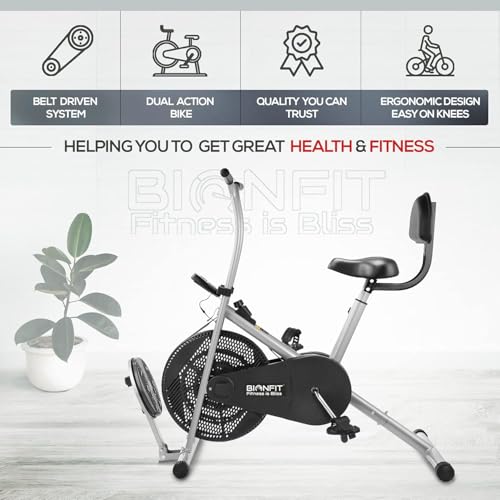 Image of BIONFIT Gym Cycle for Home Gym Fitness | Fixed Handle Air Bike for Cardio Exercise with Back Support Seat & Twister, Max Weight: 120 Kg