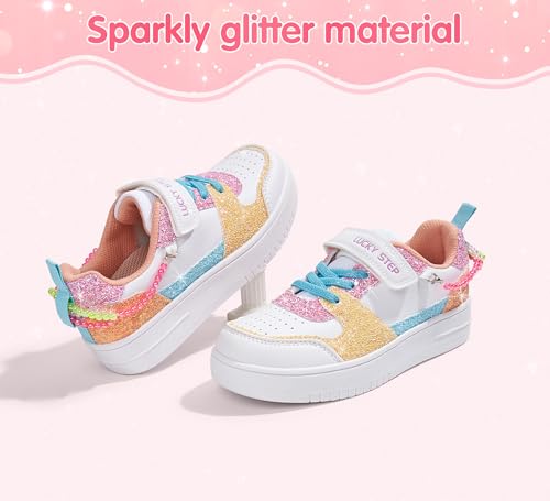 LUCKY STEP Girl's Glitter Sneakers Slip On Hook and Loops Athletic Sparkly Beads Casual Tennis School Party Cute Running Shoes for Children/Girls/Kids(White/Yellow,Little Kids 11) by LUCKY STEP - Image 2