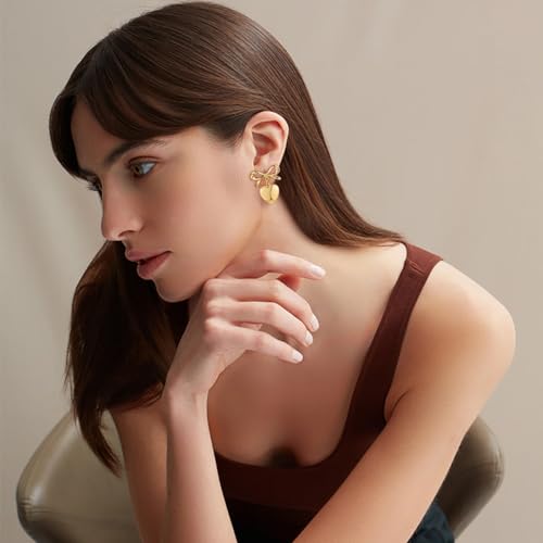Gold Heart Dangle Earrings For Women Ribbon Bow Dangle Earrings3