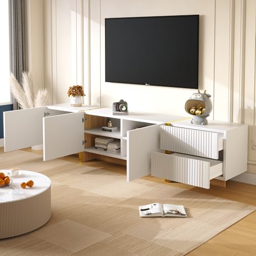 VIVCA Mueble para TV 190 x 35 x 45 cm, 3 puertas, 2 cajones, color blanco con oro y grano de madera
