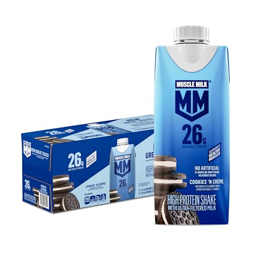 Muscle Milk High Protein Shake Cookies n Creme 11 fl oz Cartons (12 Pack) Ultra Filtered Milk 26g High Quality Protein Shake 3g Sugar 160 Calories No Artificial Flavors No Artificial Sweeteners No Added Colors