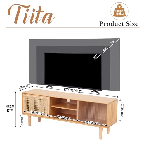 Tiita Rattan TV Stand for 55 Inch TV, Bamboo TV Cabinet with Adjustable Shelf and Storage, Boho Entertainment Center, Mid Century Modern Media Console for Bedroom, Living Room, Study (Natural)
