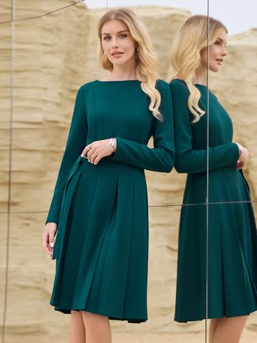 Women's Pleated Dress Long Sleeve Crew Neck Tie Waist Business Work A Line Dresses2