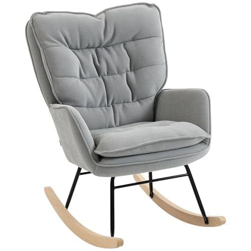 HOMCOM Silla Mecedora Moderna, Mecedora Tapizada en Chenilla, Sillón de Lactancia con Respaldo Ancho, Acolchado Grueso, Patas de Madera, Reposabrazos, para Dormitorio, Salón, Gris Claro