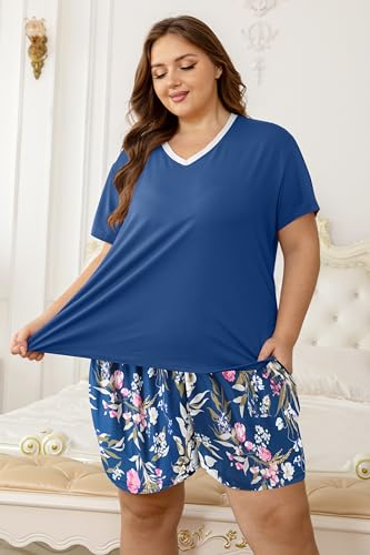 Image of Vozanet Women's Short Sleeve Top and Shorts Pajama Sets Plus Size V Neck Colorful Flower Nighty Loungewear With TWO Pockets