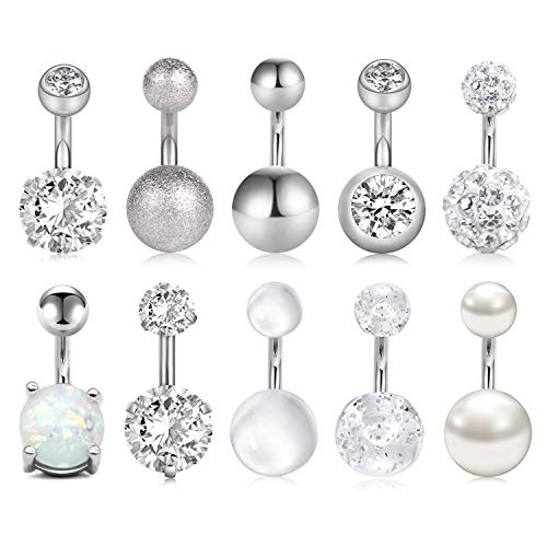 JFORYOU 6mm 14 Gauge Anneau de Nombril Acier Inoxydable Barres Barbell Nombril en Zircone Piercing Bijoux Argent 10PCS