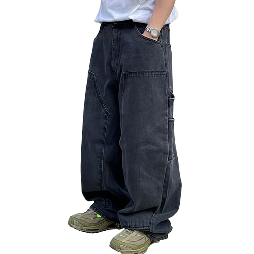 Men's Casual Loose Fit Jeans Streetwear Baggy Wide Leg Hip Hop Denim Pants Multi-Pockets Cargo Jean Trousers