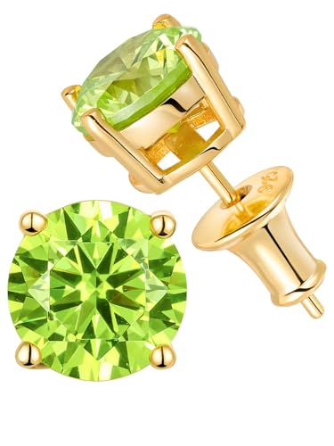 Peridot Stud Earrings 14K Gold Plated 4CT August Birthstone Jewelry with Sterling Silver Hypoallergenic Post 6.5mm Round Cubic Zirconia Earrings for Women