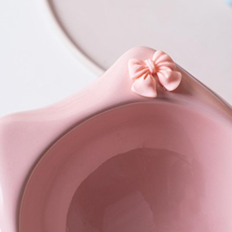 Cute Cat Food and Water Bowl Two Piece Set Pet Utensils Handmade Ceramic Tall Bowl 2 Color Set Matching (Pink+Blue)