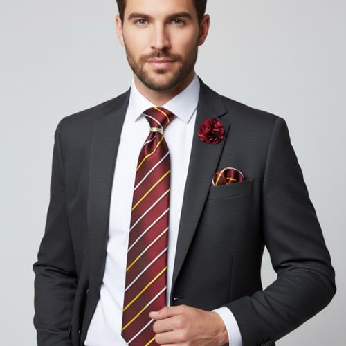 Image of 5PCS Mens Premium Silk Tie, Pocket Square, Cufflinks, Drilled Tie Ring and Lapel Pin Set for Wedding Groom Party