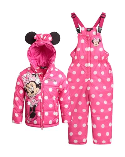 Disney Girls Snowsuit Set - Minnie Mouse, Lilo & Stich 2 Piece Ski Jacket and Snow Bib Pants for Toddlers/Little Girls (2T-7)