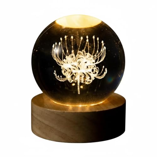 Image of 3D Red Spider Lily Crystal Ball Lamp, 60mm K9 Laser Engraved Flower Sphere with Wooden LED Base, Color-Changing Night Light Gift for Home Decor Bedroom Meditation
