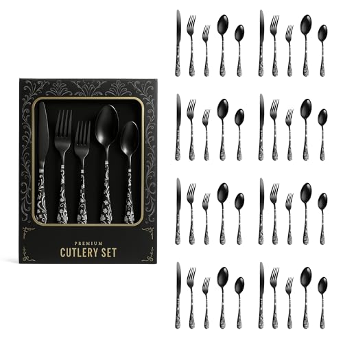 Image of aDai Premium 40 Piece Stainless Steel Cutlery Set | Floral Handle | Includes Spoon Fork Knife Teaspoon | Perfect for Corporate Gifting (Black)