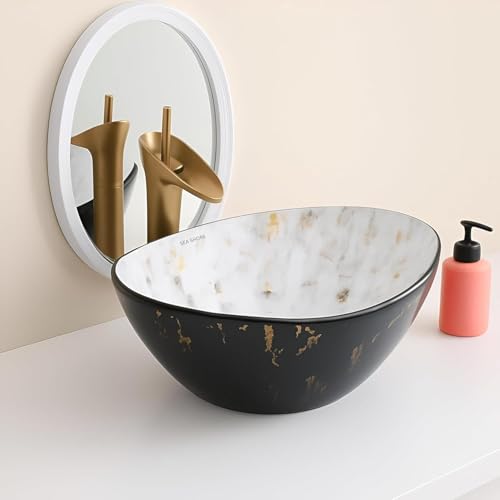Image of Premium Ceramic Table Top Wash Basin, Modern Designer Vessel Sink for Bathroom & Vanity Countertop, Elegant Over Counter Basin, 16 x 13 x 5.5 Inch