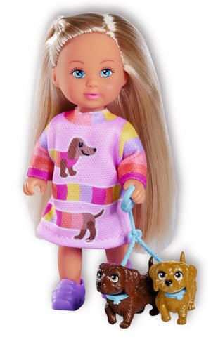 Simba Evi Love Dogs, Puppe mit Zwei süßen Dackeln an der Leine, 12cm Spielpuppe, ab 3 Jahren