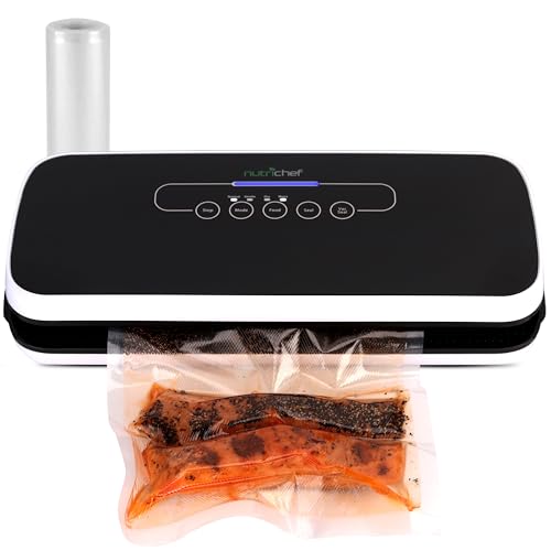 NutriChef Automatic Food Vacuum Sealer, Electric Air Sealing Preserver System for Dry and Moist Foods, LED Control, Strong Suction, Includes Bags, Wine Stopper Cork, and Air Suction Hose, 14”x6”x3”
