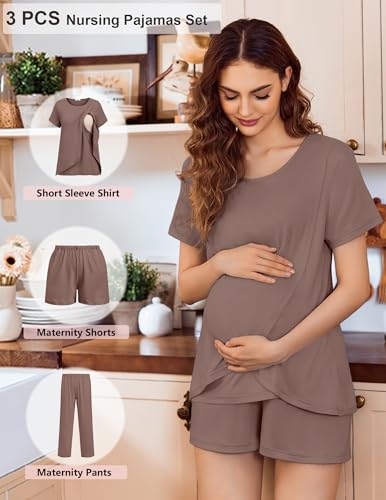 Image of Ekouaer 3 PCS Maternity Nursing Pajamas Set Postpartum Breastfeeding Short Sleeve Shirts, Pregnancy Shorts & Pants Pjs S-XXL
