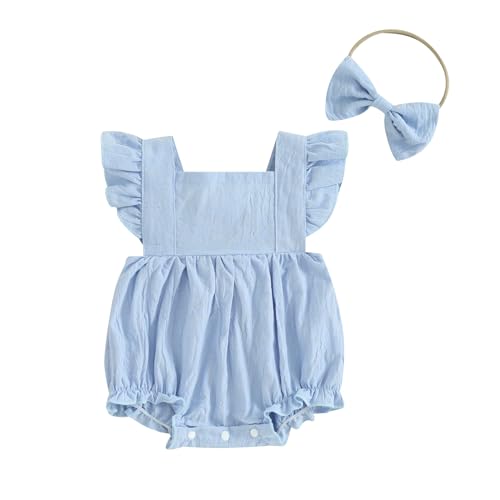 Image of Douhoow Newborn Baby Girl Clothes Baby Girl Romper Cotton Linen Romper Baby Girl Bodysuit with Headband (Blue, 6-12 Months)