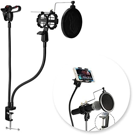 Professional Microphone Stand Mount Phone Holder with Clip for Phone Karaoke/MV Recording with Microphone Holder, Pop Filter, Phone Holder Clip, Table Clamp and 2 Metal Goosenecks