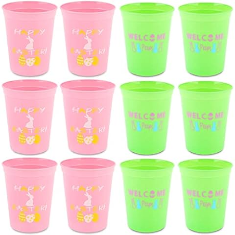 Easter Disposable Plastic Party Cups - 12 Pack Reusable Tumblers, 16oz Plastic Stadium Cups, ''HAPPY EASTER'' and ''WELCOME Peeps'' Designs, Perfect for Easter Day Party Supplies Cover